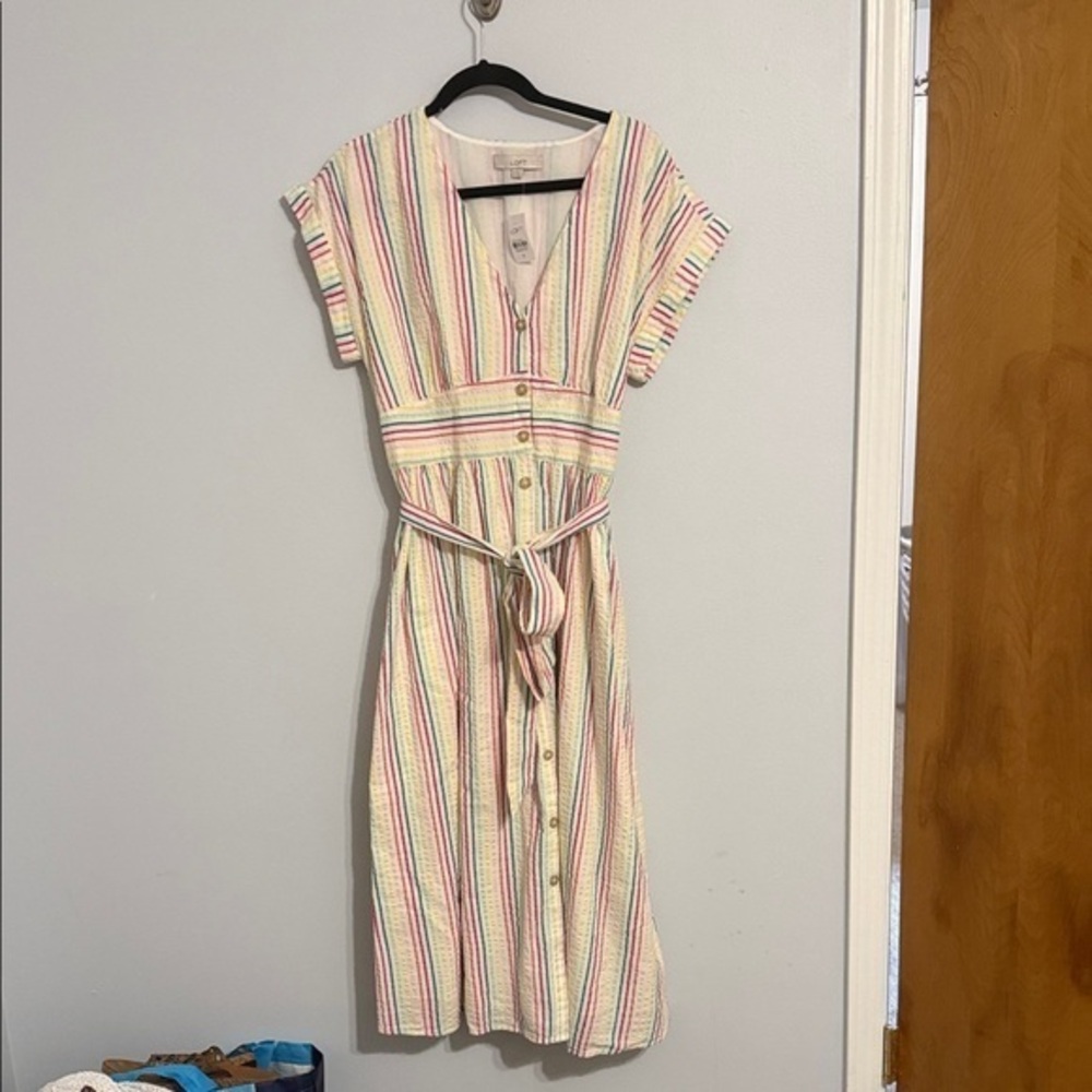 LOFT NWT Multi-Color Striped V-Neck Midi Dress - Tie Waist - Women's Size 12